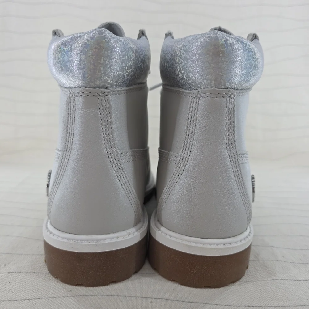 Timberland Girls Boots ReBOTL Metallic Gray Collar 6 Inch Leather A5SUW Sz 6 EUC